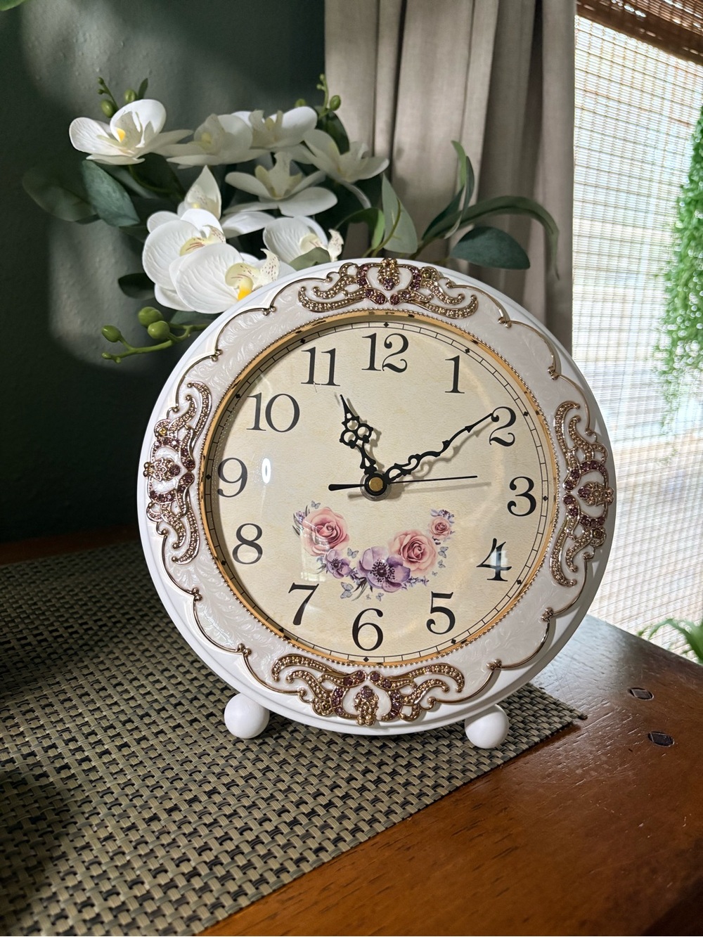 Vintage Style Floral Table or Wall Clock White Gold Ornate Desk Clock 8.5in